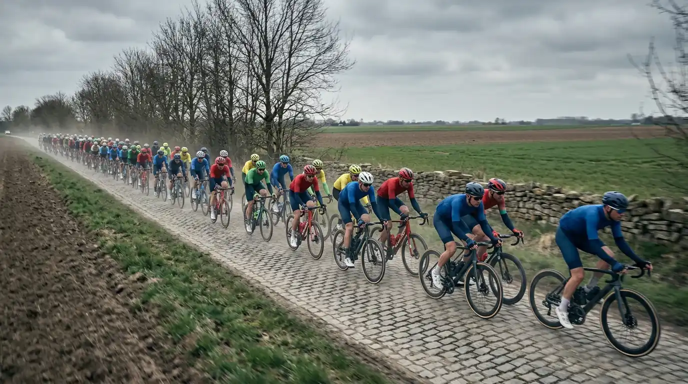 Peloton del WorldTour in transito sui pavé delle classiche del Nord Europa