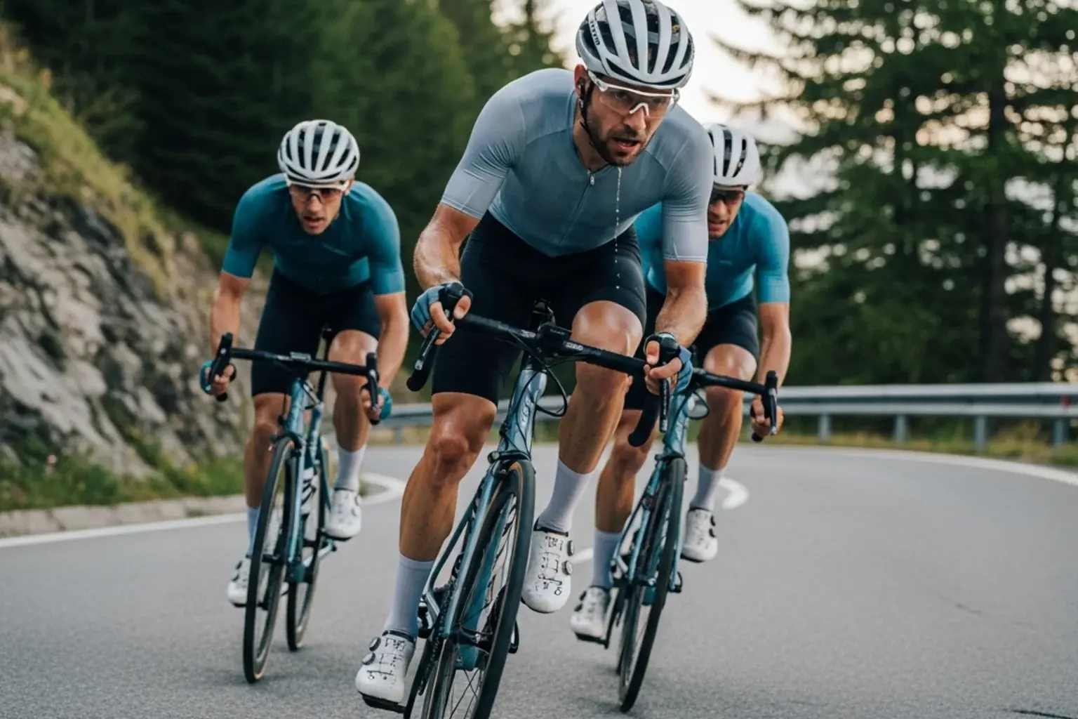 Fuggitivi del ciclismo in azione su salita alpina durante una tappa dei Grandi Giri